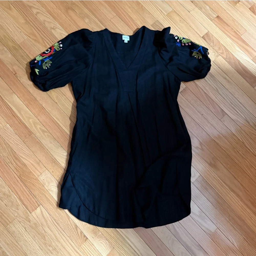 Forcynthia Black Linen Dress with Embroidered Sleeves - Picture 2 of 9